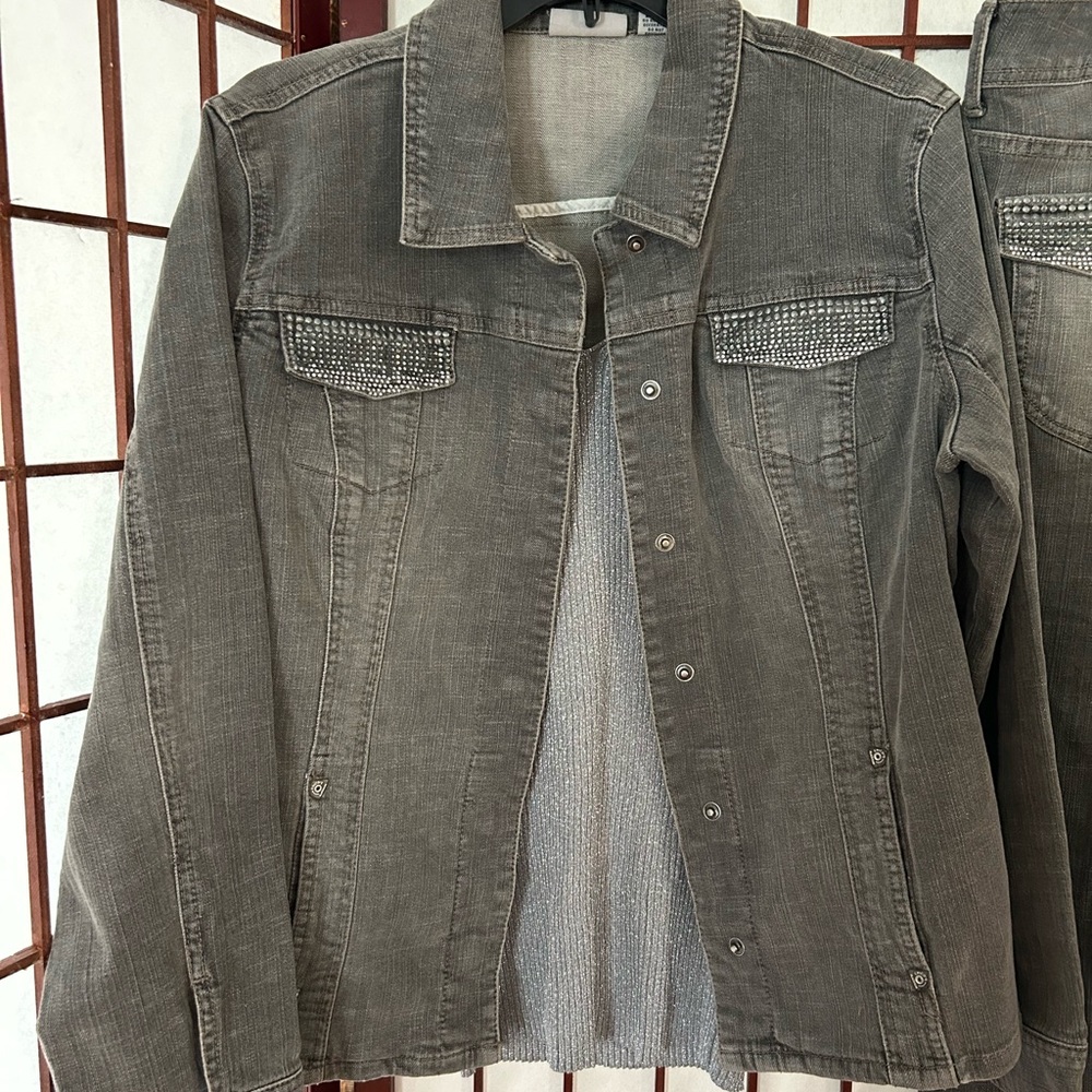 Stylish Chicos Gray Denim with rhinestone Jacket with matching jeans